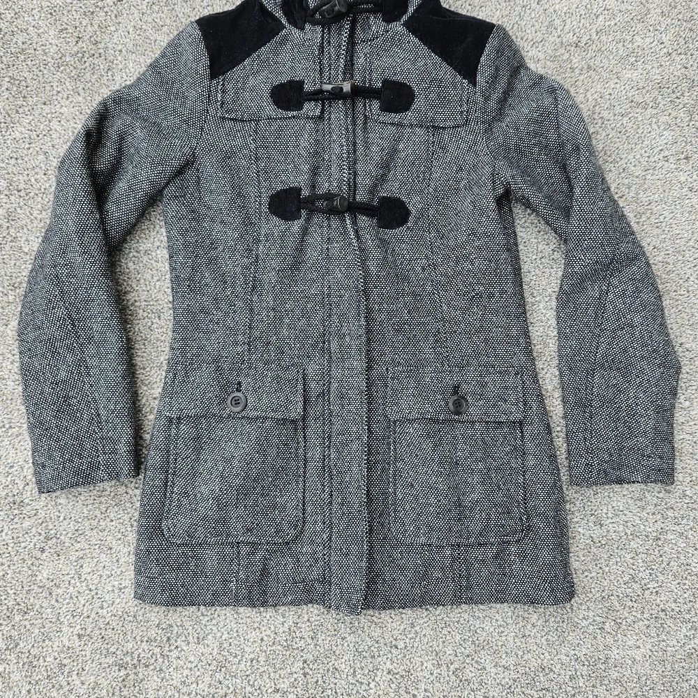 Prana Megan Black Tweed Duffle Wool Blend Jacket Sherpa Hood Toggle Womens XS